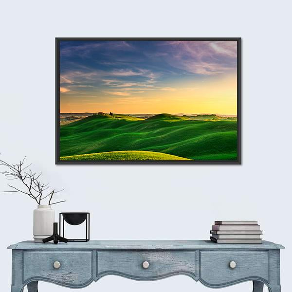 Rolling Hills And Green Field On Warm Sunset Canvas Wall Art-1 Piece-Floating Frame-24" x 16"-Tiaracle