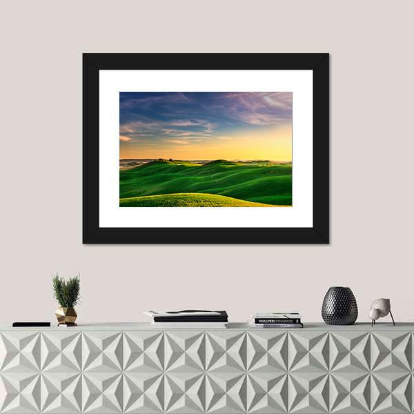 Rolling Hills And Green Field On Warm Sunset Canvas Wall Art-1 Piece-Framed Print-20" x 16"-Tiaracle