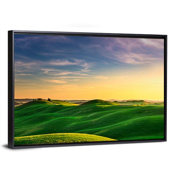 Rolling Hills And Green Field On Warm Sunset Canvas Wall Art-3 Horizontal-Gallery Wrap-25" x 16"-Tiaracle
