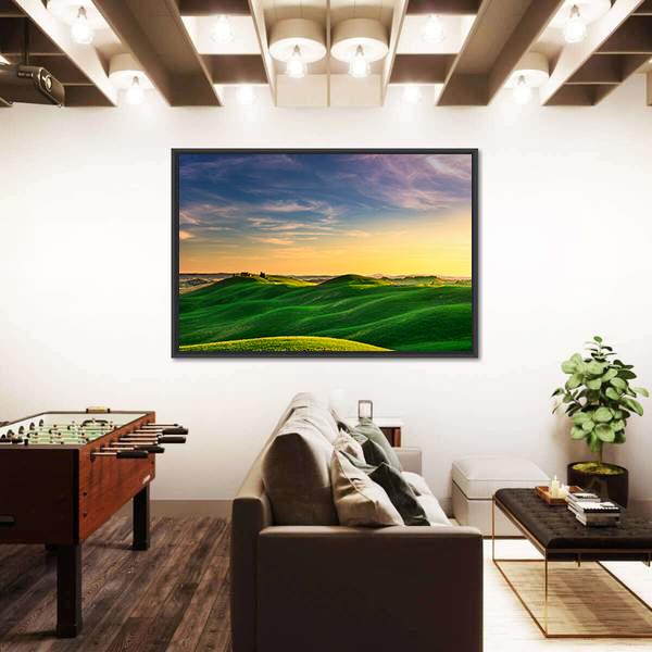 Rolling Hills And Green Field On Warm Sunset Canvas Wall Art-3 Horizontal-Gallery Wrap-25" x 16"-Tiaracle