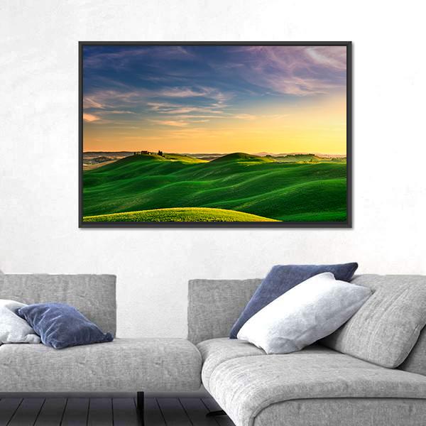 Rolling Hills And Green Field On Warm Sunset Canvas Wall Art-3 Horizontal-Gallery Wrap-25" x 16"-Tiaracle