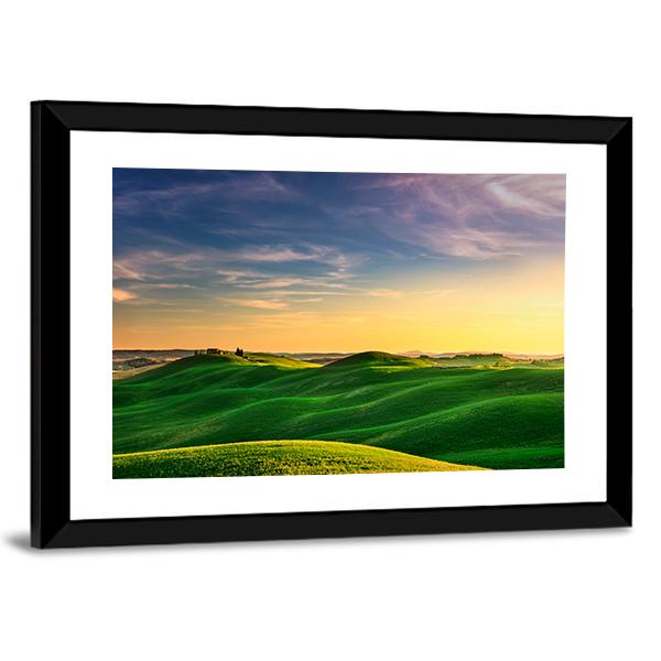 Rolling Hills And Green Field On Warm Sunset Canvas Wall Art-3 Horizontal-Gallery Wrap-25" x 16"-Tiaracle