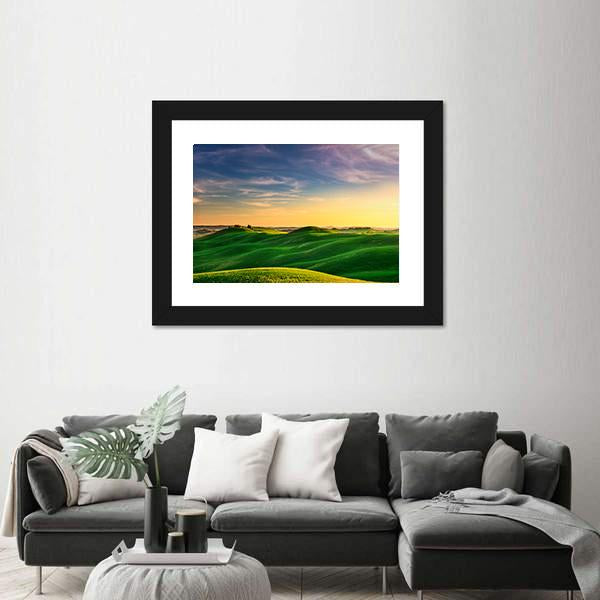Rolling Hills And Green Field On Warm Sunset Canvas Wall Art-3 Horizontal-Gallery Wrap-25" x 16"-Tiaracle