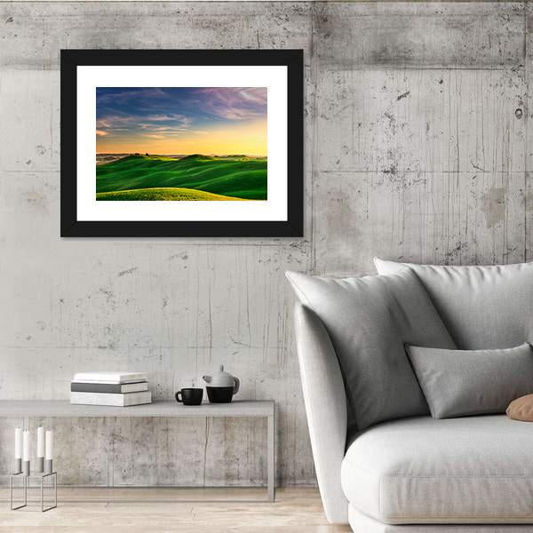 Rolling Hills And Green Field On Warm Sunset Canvas Wall Art-3 Horizontal-Gallery Wrap-25" x 16"-Tiaracle