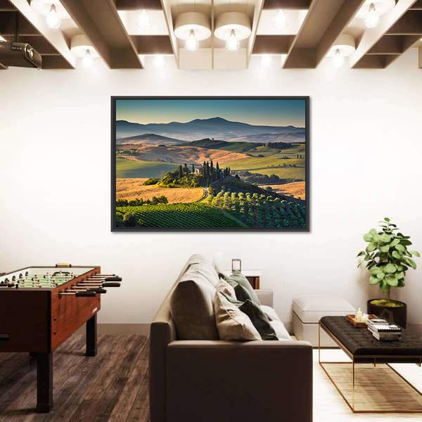 Rolling Hills And Valleys In Golden Morning Light Canvas Wall Art-1 Piece-Floating Frame-24" x 16"-Tiaracle