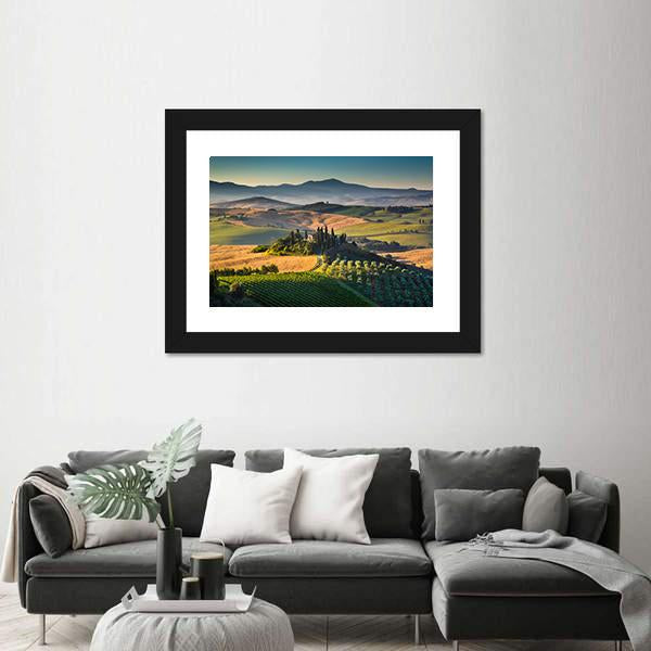 Rolling Hills And Valleys In Golden Morning Light Canvas Wall Art-1 Piece-Framed Print-20" x 16"-Tiaracle