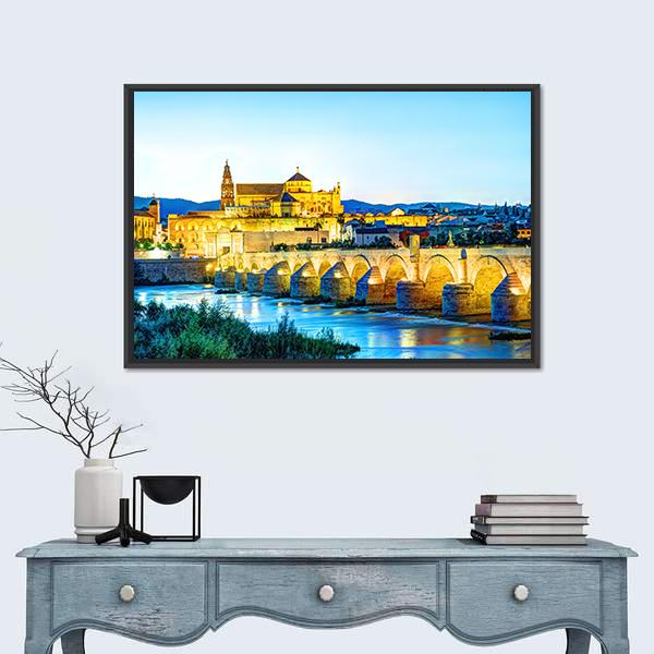 Roman Bridge And Guadalquivir River Canvas Wall Art-1 Piece-Floating Frame-24" x 16"-Tiaracle