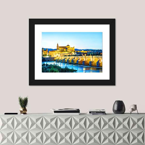 Roman Bridge And Guadalquivir River Canvas Wall Art-1 Piece-Framed Print-20" x 16"-Tiaracle