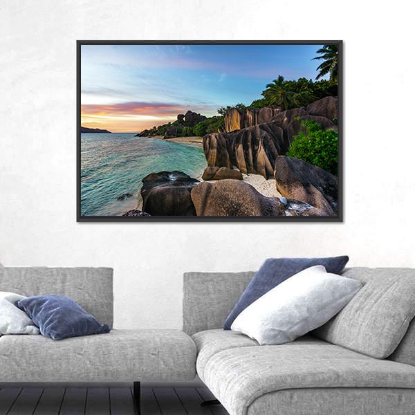 Romantic Sunset On Paradise Beach Canvas Wall Art-3 Horizontal-Gallery Wrap-25" x 16"-Tiaracle