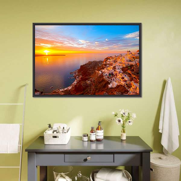 Romantic Sunsets In Santorini Canvas Wall Art-5 Horizontal-Gallery Wrap-22" x 12"-Tiaracle