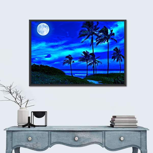 Romantic Tropical Beach At Night With A Bright Full Moon Canvas Wall Art-1 Piece-Floating Frame-24" x 16"-Tiaracle