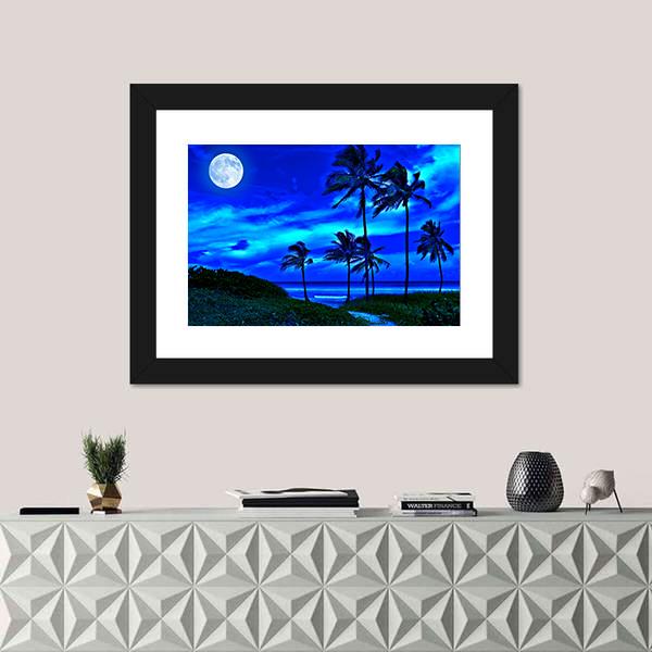 Romantic Tropical Beach At Night With A Bright Full Moon Canvas Wall Art-1 Piece-Framed Print-20" x 16"-Tiaracle