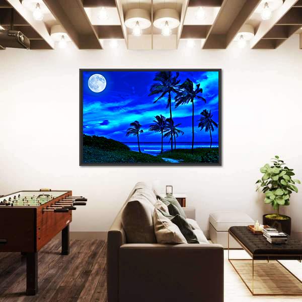 Romantic Tropical Beach At Night With A Bright Full Moon Canvas Wall Art-3 Horizontal-Gallery Wrap-25" x 16"-Tiaracle