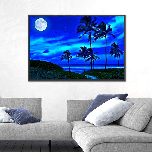 Romantic Tropical Beach At Night With A Bright Full Moon Canvas Wall Art-3 Horizontal-Gallery Wrap-25" x 16"-Tiaracle