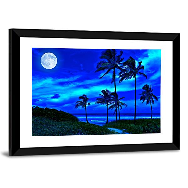 Romantic Tropical Beach At Night With A Bright Full Moon Canvas Wall Art-3 Horizontal-Gallery Wrap-25" x 16"-Tiaracle