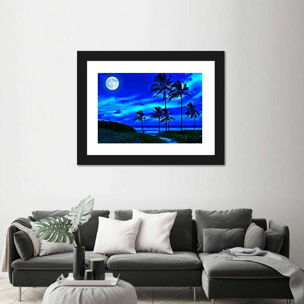 Romantic Tropical Beach At Night With A Bright Full Moon Canvas Wall Art-3 Horizontal-Gallery Wrap-25" x 16"-Tiaracle