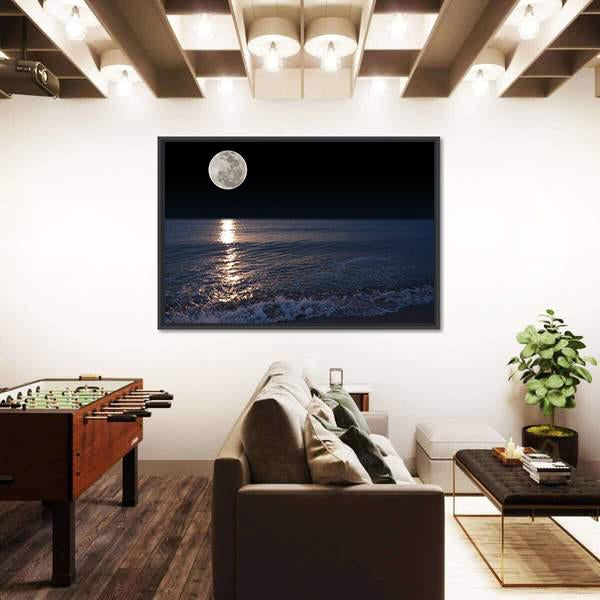 Romantic Tropical Beach With Beautiful Full Moon Canvas Wall Art-5 Horizontal-Gallery Wrap-22" x 12"-Tiaracle