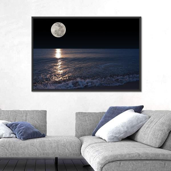 Romantic Tropical Beach With Beautiful Full Moon Canvas Wall Art-5 Horizontal-Gallery Wrap-22" x 12"-Tiaracle
