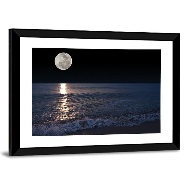Romantic Tropical Beach With Beautiful Full Moon Canvas Wall Art-5 Horizontal-Gallery Wrap-22" x 12"-Tiaracle