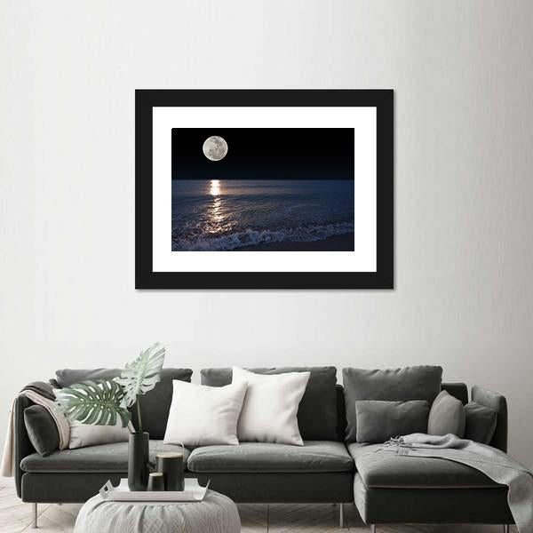 Romantic Tropical Beach With Beautiful Full Moon Canvas Wall Art-5 Horizontal-Gallery Wrap-22" x 12"-Tiaracle