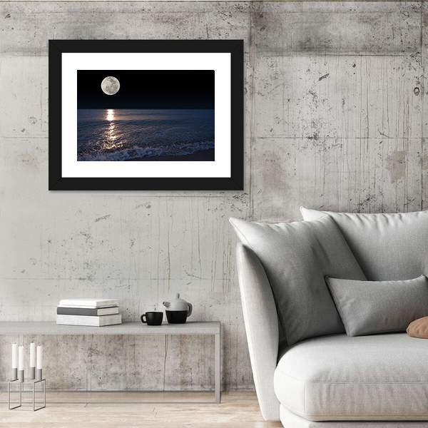 Romantic Tropical Beach With Beautiful Full Moon Canvas Wall Art-5 Horizontal-Gallery Wrap-22" x 12"-Tiaracle