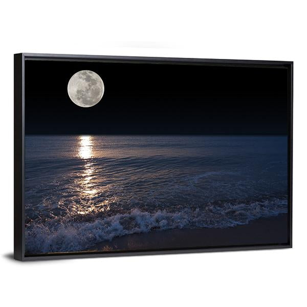 Romantic Tropical Beach With Beautiful Full Moon Canvas Wall Art-5 Horizontal-Gallery Wrap-22" x 12"-Tiaracle