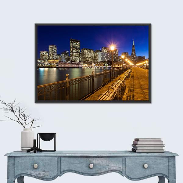 San Francisco Pier 7 Night View Canvas Wall Art in black, yellow and blue, framed canvas, product view on a white background