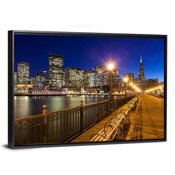 Romantic View Of San Francisco At Night From Pier 7 Canvas Wall Art-3 Horizontal-Gallery Wrap-25" x 16"-Tiaracle