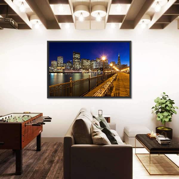 Romantic View Of San Francisco At Night From Pier 7 Canvas Wall Art-3 Horizontal-Gallery Wrap-25" x 16"-Tiaracle