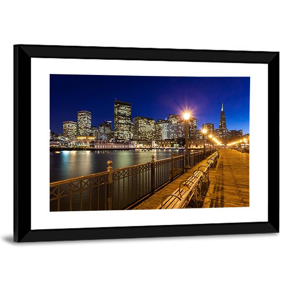 Romantic View Of San Francisco At Night From Pier 7 Canvas Wall Art-3 Horizontal-Gallery Wrap-25" x 16"-Tiaracle