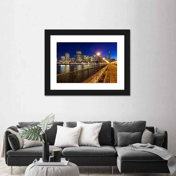 Romantic View Of San Francisco At Night From Pier 7 Canvas Wall Art-3 Horizontal-Gallery Wrap-25" x 16"-Tiaracle