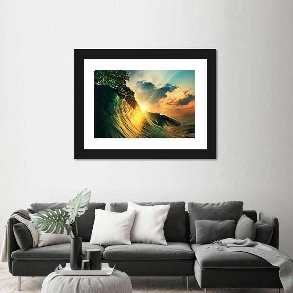 Rough Colored Ocean wave At Sunset Time Canvas Wall Art-1 Piece-Framed Print-42" x 14"-Tiaracle
