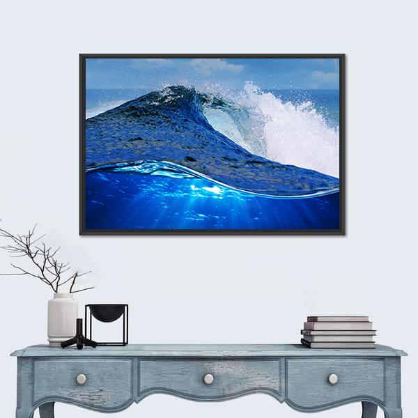 Rough White Blue Ocean Wave Canvas Wall Art-1 Piece-Floating Frame-36" x 24"-Tiaracle