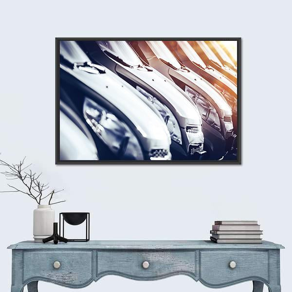 Row Of Brand New Cars For Sale Canvas Wall Art-1 Piece-Floating Frame-24" x 16"-Tiaracle