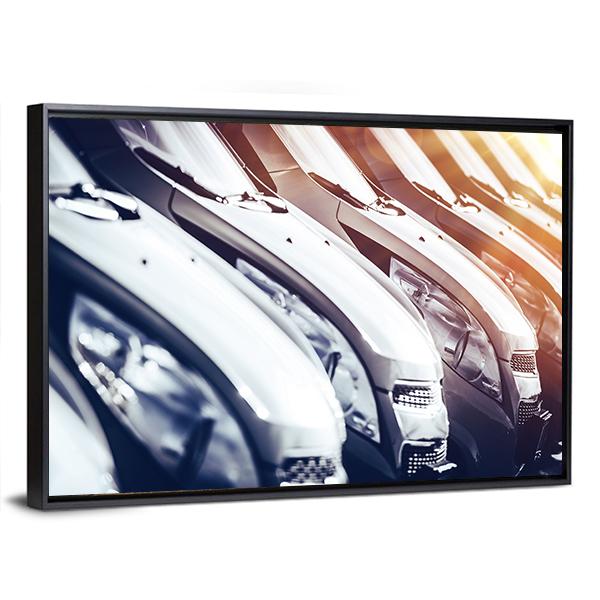 Row Of Brand New Cars For Sale Canvas Wall Art-3 Horizontal-Gallery Wrap-25" x 16"-Tiaracle