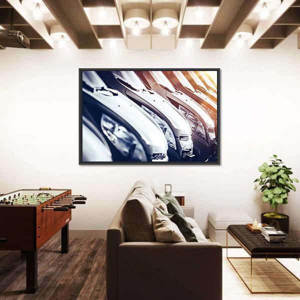 Row Of Brand New Cars For Sale Canvas Wall Art-3 Horizontal-Gallery Wrap-25" x 16"-Tiaracle