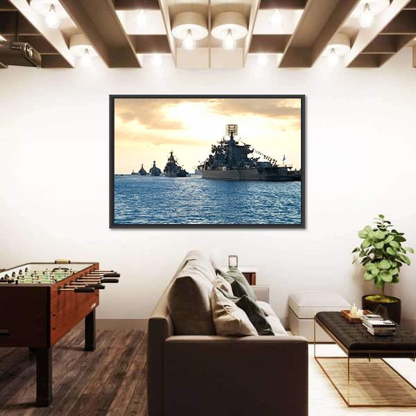 Row Of Military Ships Against Marine Sunset Canvas Wall Art-1 Piece-Floating Frame-24" x 16"-Tiaracle