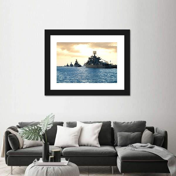 Row Of Military Ships Against Marine Sunset Canvas Wall Art-1 Piece-Framed Print-20" x 16"-Tiaracle