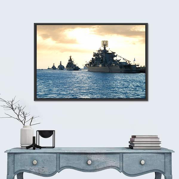 Row Of Military Ships Against Marine Sunset Canvas Wall Art-5 Horizontal-Gallery Wrap-22" x 12"-Tiaracle
