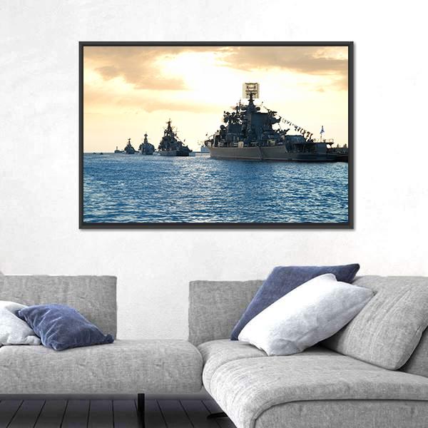 Row Of Military Ships Against Marine Sunset Canvas Wall Art-5 Horizontal-Gallery Wrap-22" x 12"-Tiaracle