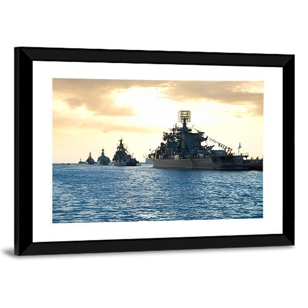 Row Of Military Ships Against Marine Sunset Canvas Wall Art-5 Horizontal-Gallery Wrap-22" x 12"-Tiaracle