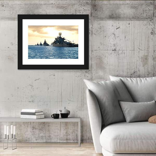 Row Of Military Ships Against Marine Sunset Canvas Wall Art-5 Horizontal-Gallery Wrap-22" x 12"-Tiaracle