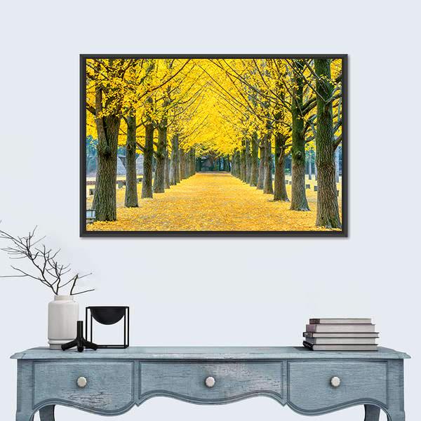 Row Of Yellow Ginkgo Tree In Nami Island Canvas Wall Art-1 Piece-Floating Frame-24" x 16"-Tiaracle