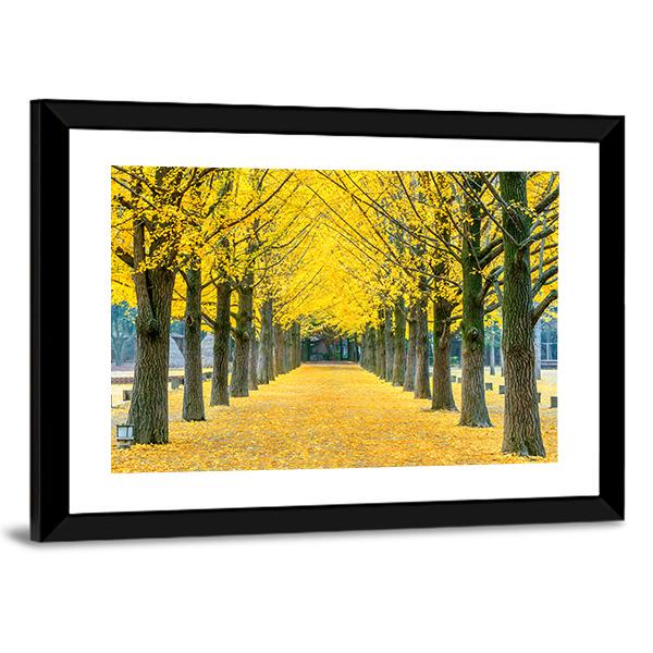 Row Of Yellow Ginkgo Tree In Nami Island Canvas Wall Art-5 Horizontal-Gallery Wrap-22" x 12"-Tiaracle