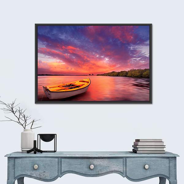 Rowboat At Sunset In Lake Canvas Wall Art-1 Piece-Floating Frame-24" x 16"-Tiaracle