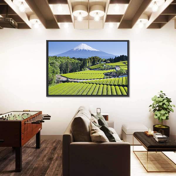 Rows Of Fresh Green Tea With Mount Fuji Canvas Wall Art-1 Piece-Floating Frame-24" x 16"-Tiaracle