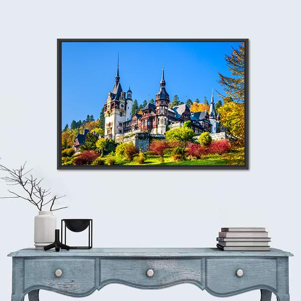 Royal Castle In Romania Canvas Wall Art-1 Piece-Floating Frame-24" x 16"-Tiaracle
