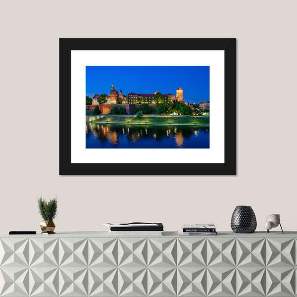 Royal Wawel Castle At Night With Vistula River Canvas Wall Art-1 Piece-Framed Print-20" x 16"-Tiaracle