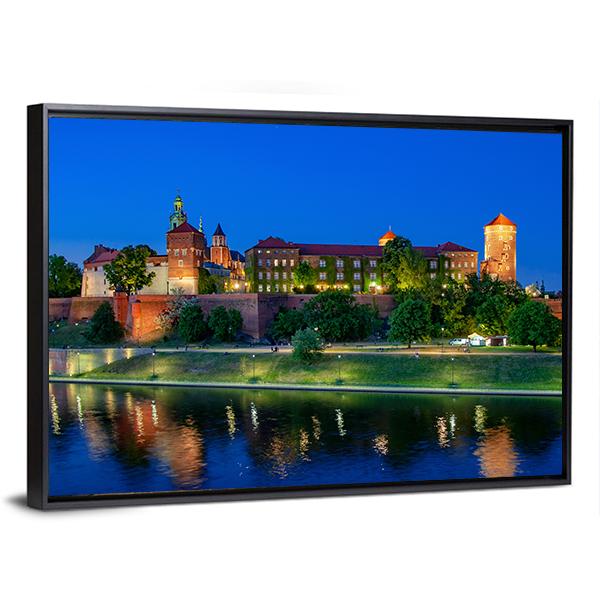 Royal Wawel Castle At Night With Vistula River Canvas Wall Art-5 Horizontal-Gallery Wrap-22" x 12"-Tiaracle