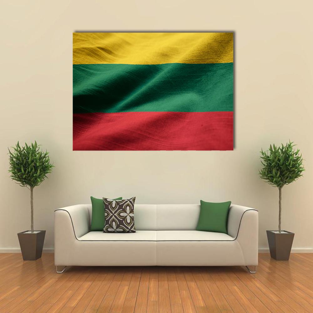 Ruffled Lithuanian Flag Canvas Wall Art in red, yellow and green, single panel hung on a wall